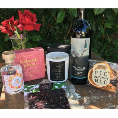 A gift from the heart - all from McLaren Vale.  Shiraz, gin, crystals candle, body mousse, snack oranges and olives. A gift from the heart - all from McLaren Vale.  Shiraz, gin, crystals candle, body mousse, snack oranges and olives.